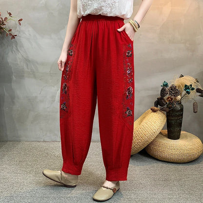 Fashionable Cotton And Linen Lantern Pants For Women's Daily Wear, Plus Size Casual Loose Elastic Waist Pants, High-quality