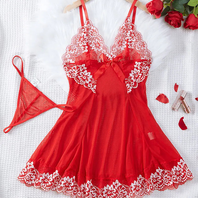 2 Piece Transparent Set Lace Bra Slim Nightgown Set With Thong Erotic Lingerie Pajamas Plus Size Porno Night Dress Sexy Babydoll