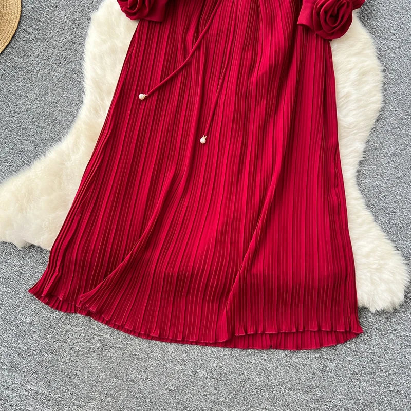 2025 New Fashion Heavy Industry Three Dimensional Flower Perspective Mesh Splicing Long Sleeve Waist Folding Dress for Women