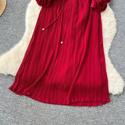 2025 New Fashion Heavy Industry Three Dimensional Flower Perspective Mesh Splicing Long Sleeve Waist Folding Dress for Women
