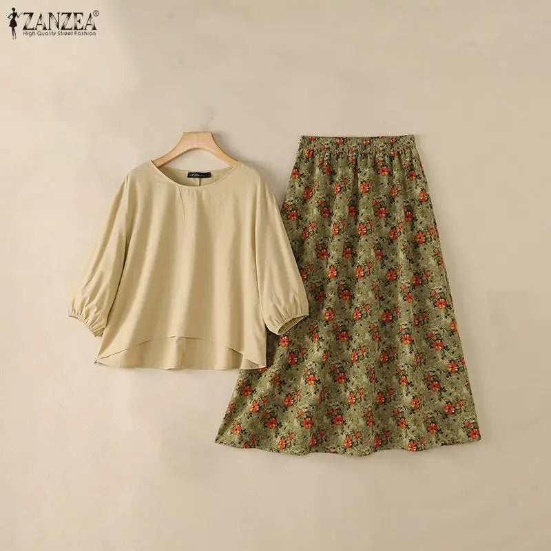 ZANZEA Autumn Bohemian Outfits Women 2 Pieces Sets 3/4 Lantern Sleeve Blouse Floral Print A-Line Maxi Skirt Casual Holiday Suit