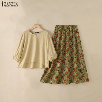 ZANZEA Autumn Bohemian Outfits Women 2 Pieces Sets 3/4 Lantern Sleeve Blouse Floral Print A-Line Maxi Skirt Casual Holiday Suit