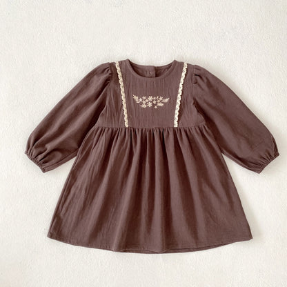Children Girl Vintage Dress Spring Autumn Embroidered Flowers 2-7Y Kids Girls Princess Dress Long Sleeve Cotton Baby Girls Dress
