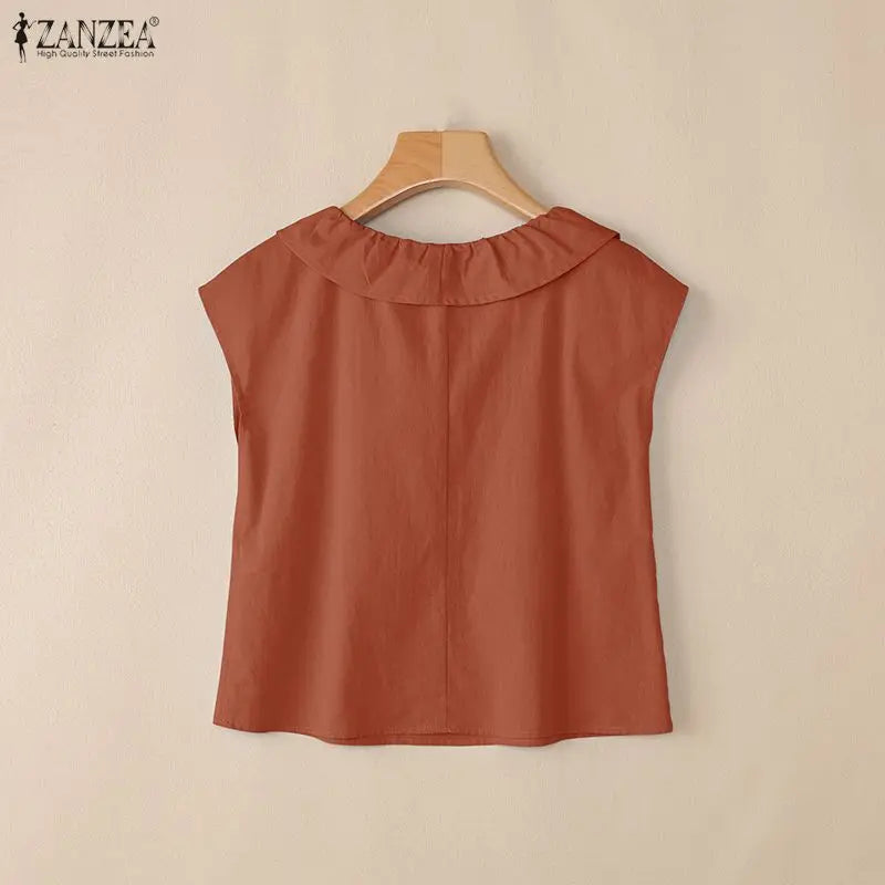 Summer ZANZEA Women Blouse Ruffle V Neck Short Sleeve Cotton Tops Casual Solid Color Blusas OL Work Party Tunic Tee Streetwear