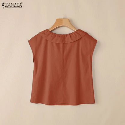 Summer ZANZEA Women Blouse Ruffle V Neck Short Sleeve Cotton Tops Casual Solid Color Blusas OL Work Party Tunic Tee Streetwear
