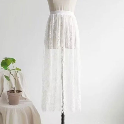 Fashion Transparent Sexy Lace Mesh Skirt Elegant Lace Long Tulle Skirt Ladies Elastic High Waist Womens Skirt Ladies