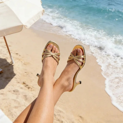 Elegant Kitten Heel Gold Women's Slippers Sexy Open-Toe Slide Sandals for Ladies Street Style Summer Comfortable Beach Sandals