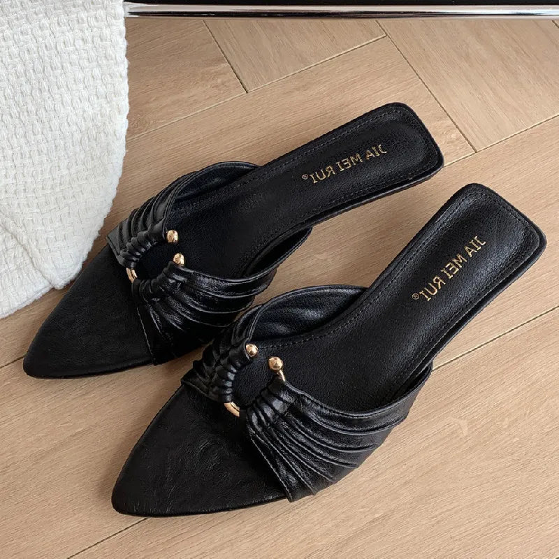 Pointed Toe Metal Decoration Pleated Women Sandals Summer Fashion Open Toe Thin Heel Slide Sandals Simple Comfort Designer Shoes