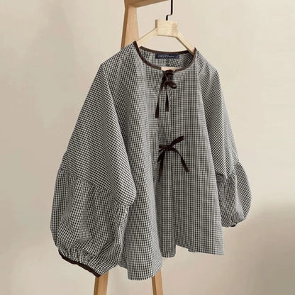 ZANZEA Women Plaid Printed Blouse Fashion Lace Up Shirts Holiday Sweety O-neck Long Sleeve Tops Casual Autumn 2024 Bowtie Tunics