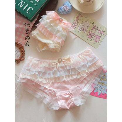 Lolita Princess Pure Desire Bra Set Women Japanese Cake Layer Lace Mesh Cotton Crotch New Party Lingerie Push Up Comfort Soft