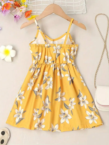 Little Girl's Floral Pattern Camisole Dress V-Neck Elastic Waist Party Beach Dress Cute Summer Vest Dress for Kids