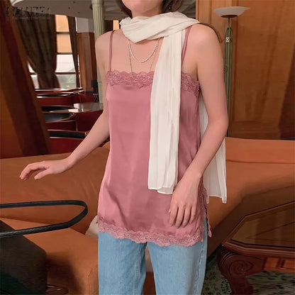 ZANZEA Woman Elegant Spaghetti Straps Satin Tank Top Lace Trim Square Neck Slit Hem Sleeveless Tops Summer Date Night Blouses