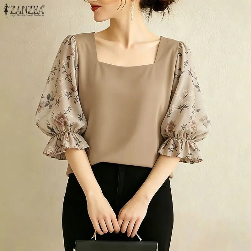 ZANZEA Women Elegant Floral Printed 3/4 Puff Sleeve Blouses Square Neck Patchwork Pullover Tops Summer Casual Blusas de Mujer