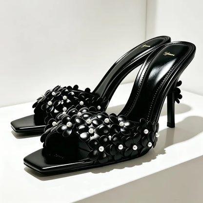Elegant Flower Pearl Detail Heeled Mule Sandals Women Fashion Square-Toe Open-Toe Slide Sandals Wedding Brides Designer Shoes