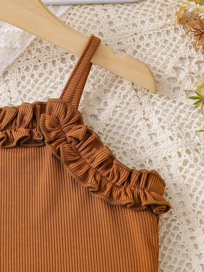 Spring Summer Girls Fashion Casual 2-piece dress Brown petal edge sleeveless vest + floral pleated cake knee-length skirt set