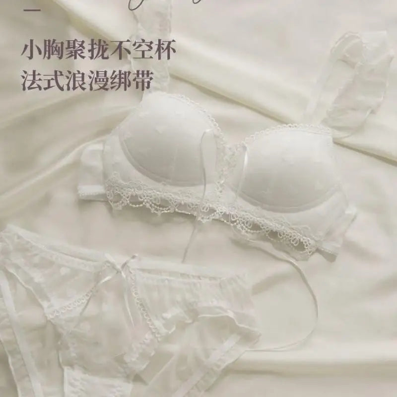 Japanese Kawaii Lingerie Set Small Chest, Sweet Heart Print Wireless Bralette & Panty Set Comfortable Anti-Sagging Bra for Women