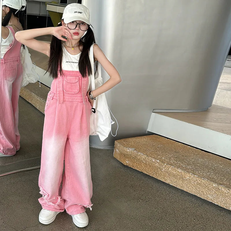 Overalls for Kids Pink Loose Casual Wide Leg Jeans Teenage Girls Jumpsuit Fashion All-match 12 13 14 Years Children Trousers