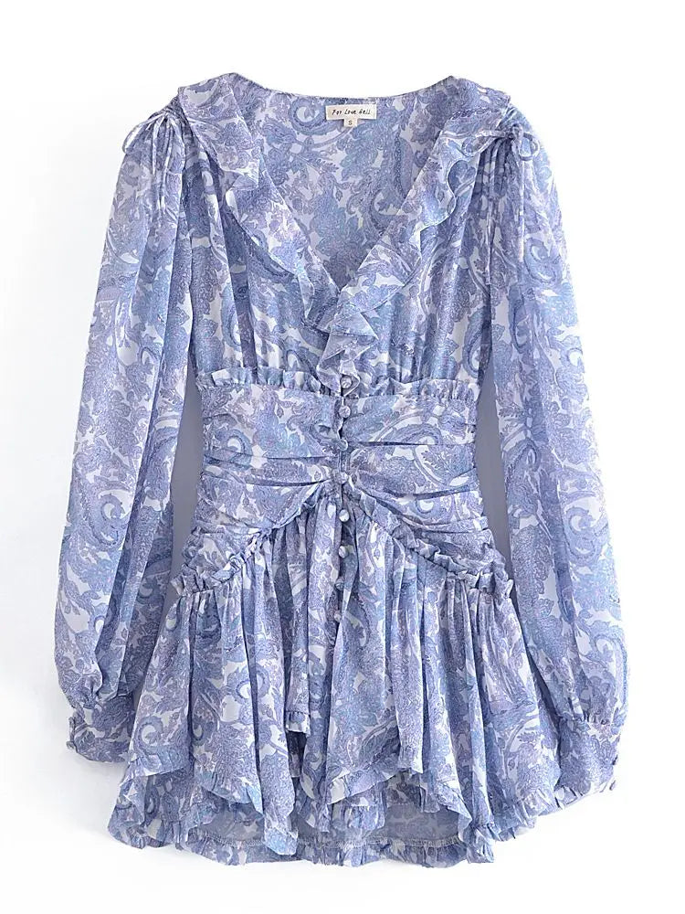 Blue Floral Print Chiffon Mini Dress Women Wood Ears Ruffles V Neck Open Buttons Slim Ruched Waist Long Sleeve Holiday Robe