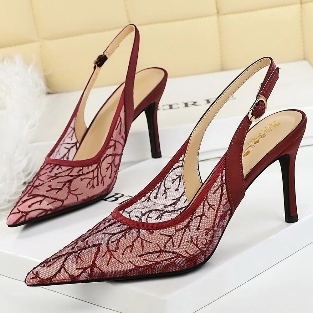 BIGTREE Shoes Lace Mesh High-heeled Sandals Women Shoes Summer Buckle Sexy Party Shoes Women Pumps Stiletto Heels 8 CM