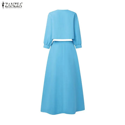 ZANZEA Women's Elegant Skirt Suits Floral Print 3/4 Sleeve Cropped Shirts & Pintuck Maxi Skirts 2 Piece Sets Outfits Woman Sets