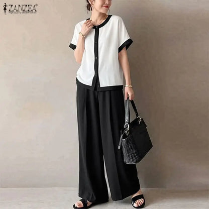 ZANZEA Color Blocked Loose 2 Pieces Matching Pant Sets Women Contrat-Trim Half Sleeve Tops & Wide Leg Pants Casual 2pcs Suits