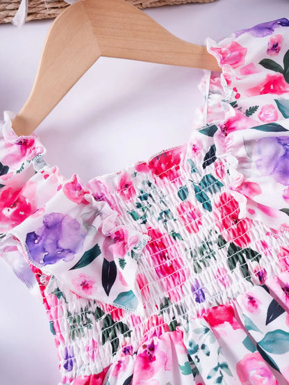 1 - 7 Y Baby Girls Sweet Floral Dress with Ruffled Sleeves & Smocked Waist - Perfect for Party & Summer Wear for Kids Girl Dress