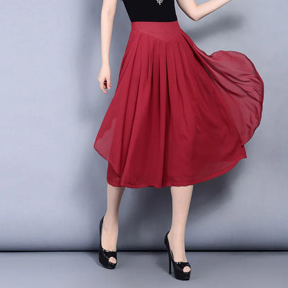 Women's Chiffon Wide-leg Pants for Spring and Summer—lightweight, High-waisted Culottes Available in Red,Green,Black,Blue,Camel.