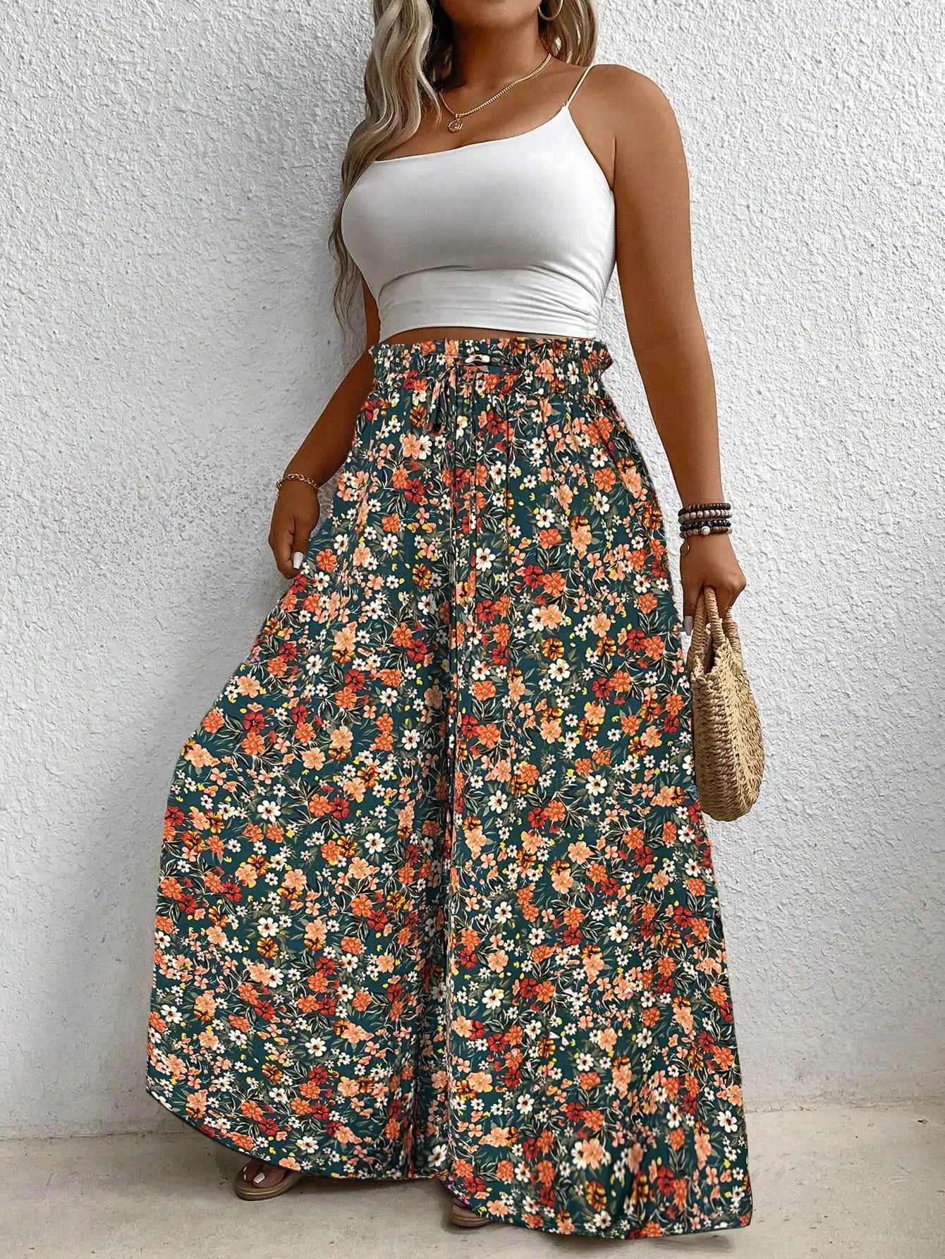 Plus Size Women's Clothing Loose Comfortable Commuting Casual Style Summer Printed Long Pants Elastic Waist Drawstring Draped Wide Leg Pants