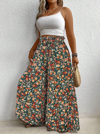 Plus Size Women's Clothing Loose Comfortable Commuting Casual Style Summer Printed Long Pants Elastic Waist Drawstring Draped Wide Leg Pants
