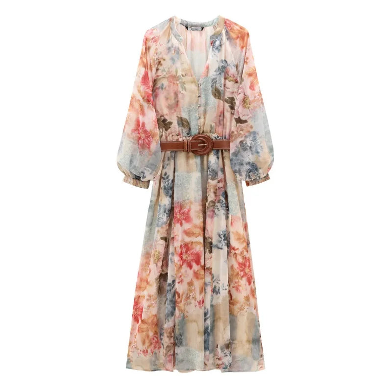 Women's Floral Maxi Dress with Belt Spring Summer V Neck Lantern Sleeve Button Down Boho Elegant Long Party Beach Dresses