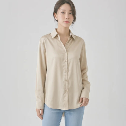 Gadinus Women Solid Color Long Sleeve Button Up Shirt Loose Fit Curved Hem Casual Blouse Top