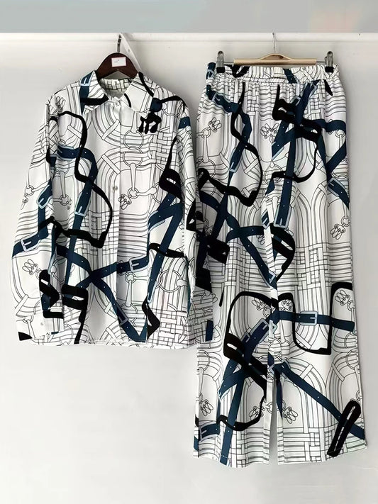 Retro geometric print lapel straight leg shirt two-piece set for 2026 spring women's clothing+loose wide leg pants fashion set