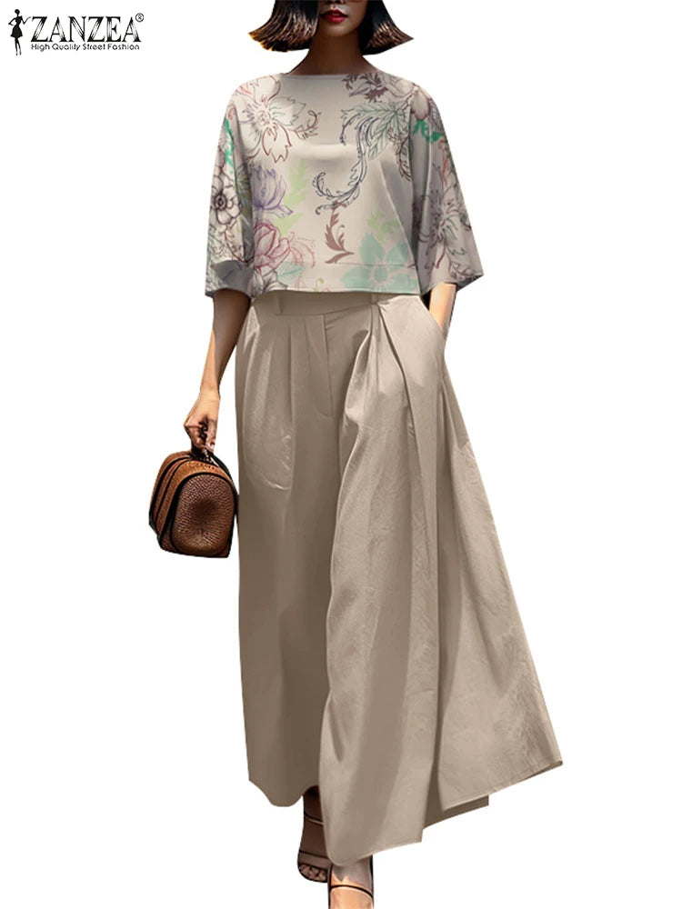 2026 ZANZEA Summer Pant Sets Fashion 2PCS Women Matching Sets O Neck 3/4 Sleeve Blouse Wide Leg Trousers Suit Casual Outfits