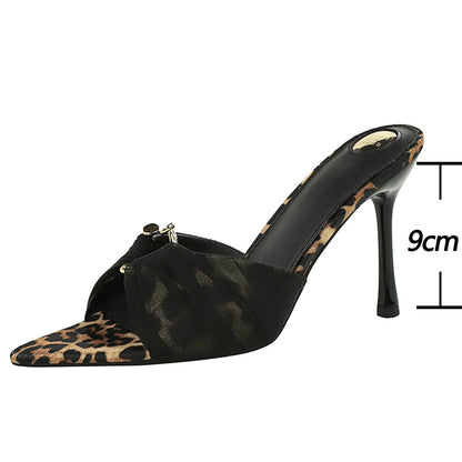 BIGTREE Shoes Women Sandals Leopard Pleated Lace Women Pumps Open-toe High-Heeled Sandals Summer Slippers Stiletto 9 Cm Heels ﻿