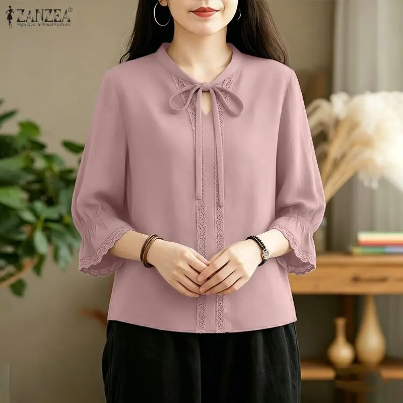 ZANZEA Women Elegant Lace Paneled Blouses Lace-Up V-Neck 3/4 Sleeves Tops Summer Daily Casual Solid Color Blusas de Mujer