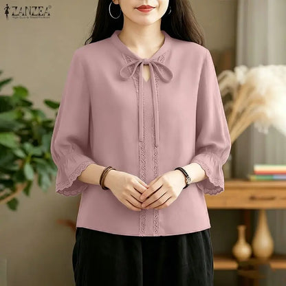ZANZEA Women Elegant Lace Paneled Blouses Lace-Up V-Neck 3/4 Sleeves Tops Summer Daily Casual Solid Color Blusas de Mujer