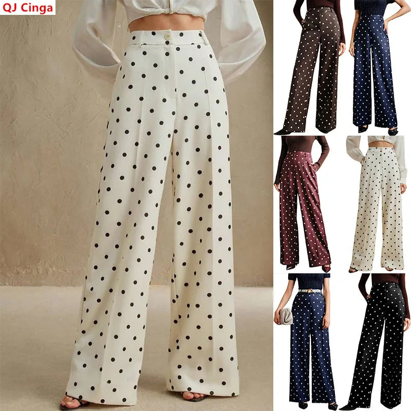 Fashionable Women's Vintage Polka-dot Wide-leg Pants, High-waisted Casual Trousers, Available in Beige, Black, Blue, and Brown.