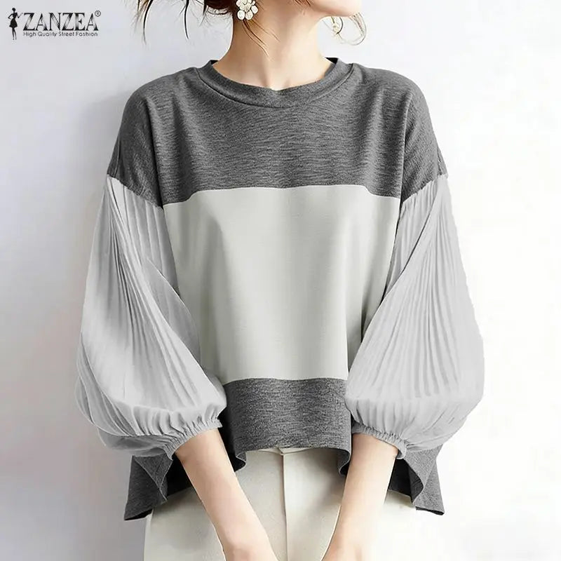 ZANZEA Women Color-Blocked T-Shirts O-Neck 3/4 Pleated Lantern Sleeve Loose Tees Spring Summer Female Elegant Fashion Blouses