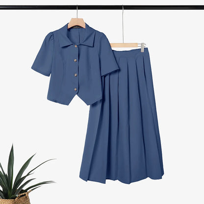 ZANZEA Women's Elegant Skirt Suits Collared Short Sleeve Shirt & Pleated Maxi Skirt 2 Pieces Sets Korean Fashion Party Outfits