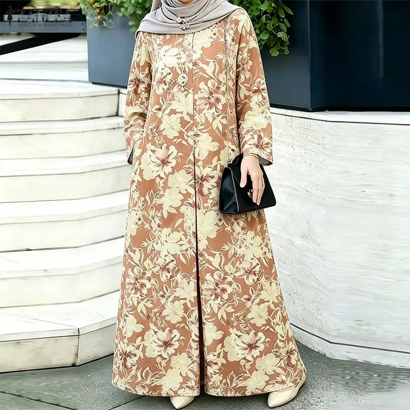 ZANZEA Modest Muslim Abaya Hijab Dress 2026 Fashion Women Long Sleeve Floral Printed Sundress Dubai Robe Femme Vestidos Ramadan