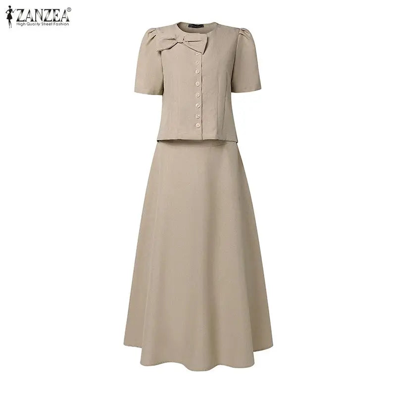 2026 ZANZEA Summer Outfits Elegant Women OL Work Dress Sets Short Sleeve Cropped Shirt A Line Skirt Suit Office 2 Pieces Sets