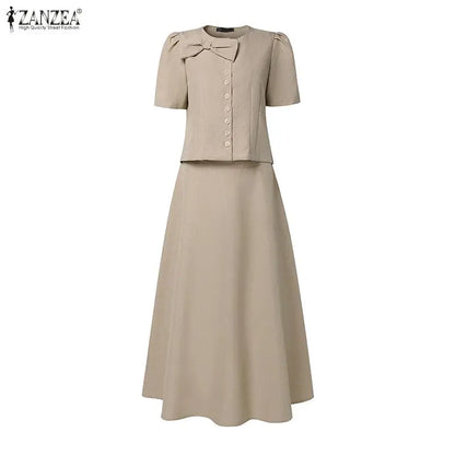 2026 ZANZEA Summer Outfits Elegant Women OL Work Dress Sets Short Sleeve Cropped Shirt A Line Skirt Suit Office 2 Pieces Sets