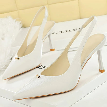 BIGTREE Shoes Sweet Metal Decoration Women Pumps Pointed High Heels Silks Satins Heeled Sandals Women Summer Shoes Stiletto 8 cm