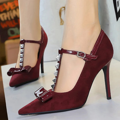 BIGTREE Shoes Rivet Women Pumps T-shaped Buckle High Heels Bowknot Stiletto Suede Women Pumps Buckle Sexy Party Shoes Women Heel