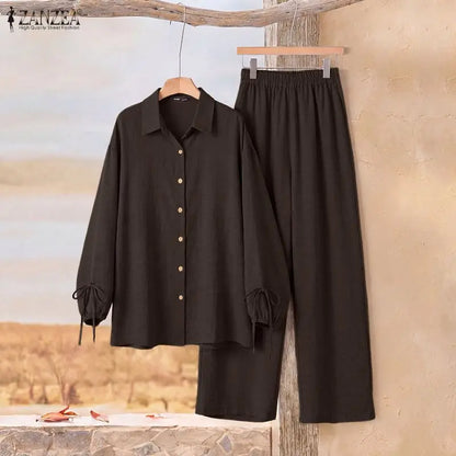 ZANZEA Women Twill Pant Sets Loose Lantern Sleeve Shirt & Elastic Waist Pant 2 Piece Sets 2026 Autumn Casual Daily Wear Co-ords