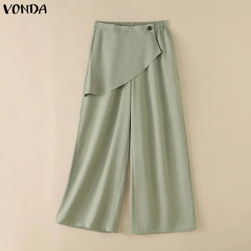 VONDA Streetwear Women Wide Leg Pants Asymmetrical Elastic Waist Trousers Casual Summer Holiday Solid Plus Size Pants Oversize