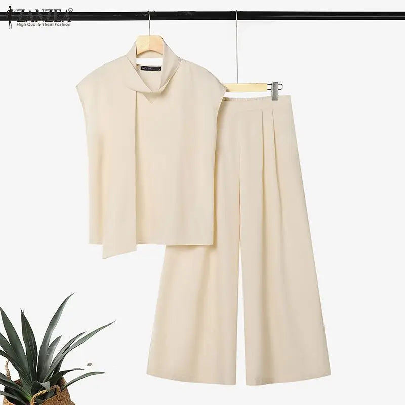 ZANZEA Women Minimalist 2pcs Matching Pant Sets Sashes V-Neck Blouses & Elastic Back Waist Wide Leg Pants Suits Outfits Commute