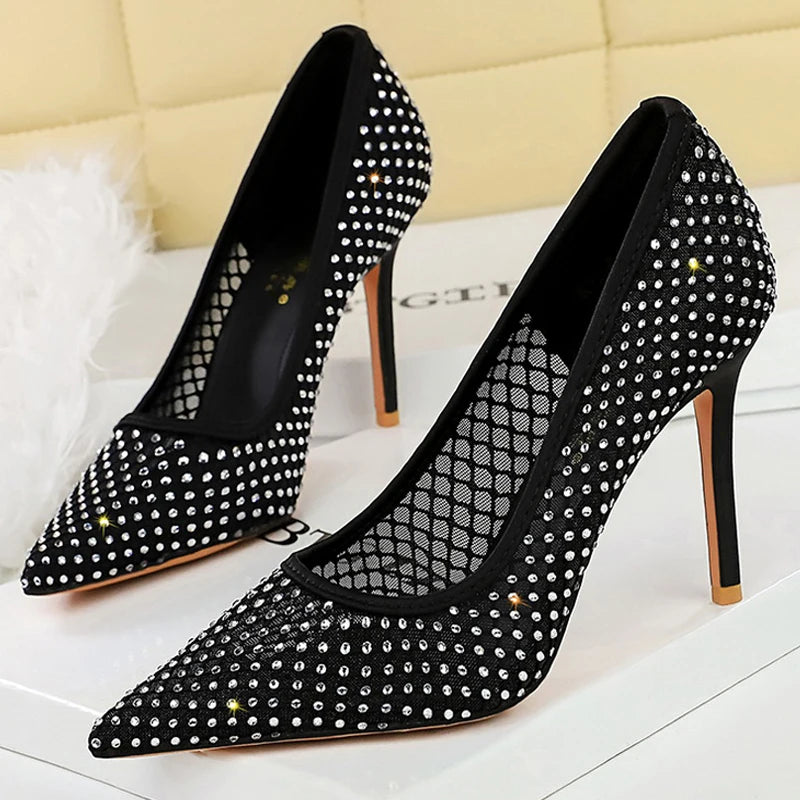 Luxury Rhinestone Mesh Women Pumps Fashion Dress Wedding Shoes High Heels Stilettos 9.5 CM Sexy Party Shoes New Ladies Pumps