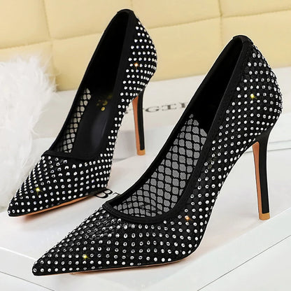 Luxury Rhinestone Mesh Women Pumps Fashion Dress Wedding Shoes High Heels Stilettos 9.5 CM Sexy Party Shoes New Ladies Pumps