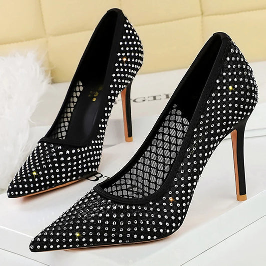 Luxury Rhinestone Mesh Women Pumps Fashion Dress Wedding Shoes High Heels Stilettos 9.5 CM Sexy Party Shoes New Ladies Pumps